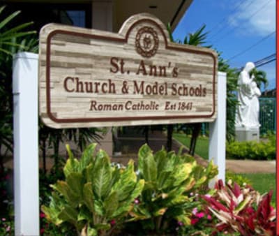 St. Ann's Church & Model Schools sandblasted wood sign