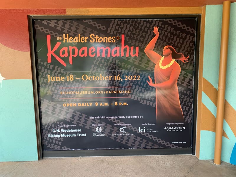 Printed exhibit panel for The Healer Stones of Kapaemahu at Bishop Museum